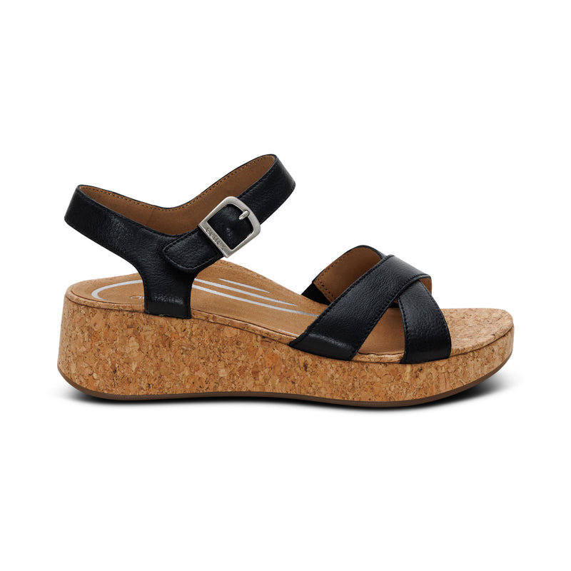 Aetrex Women's Flora Quarter Strap Wedge Sandals Black