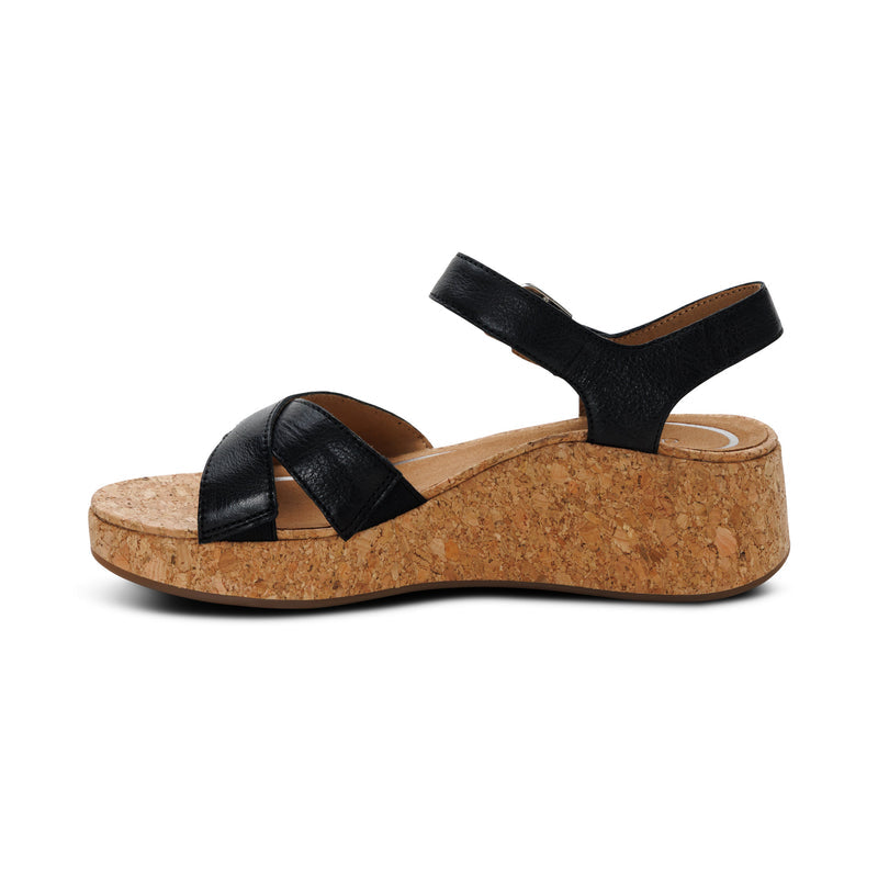 Aetrex Women's Flora Quarter Strap Wedge Sandals Black