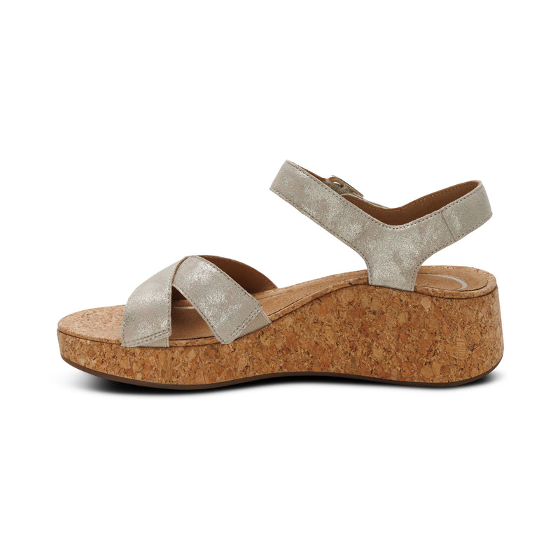 Aetrex Women's Flora Quarter Strap Wedge Sandals Champagne