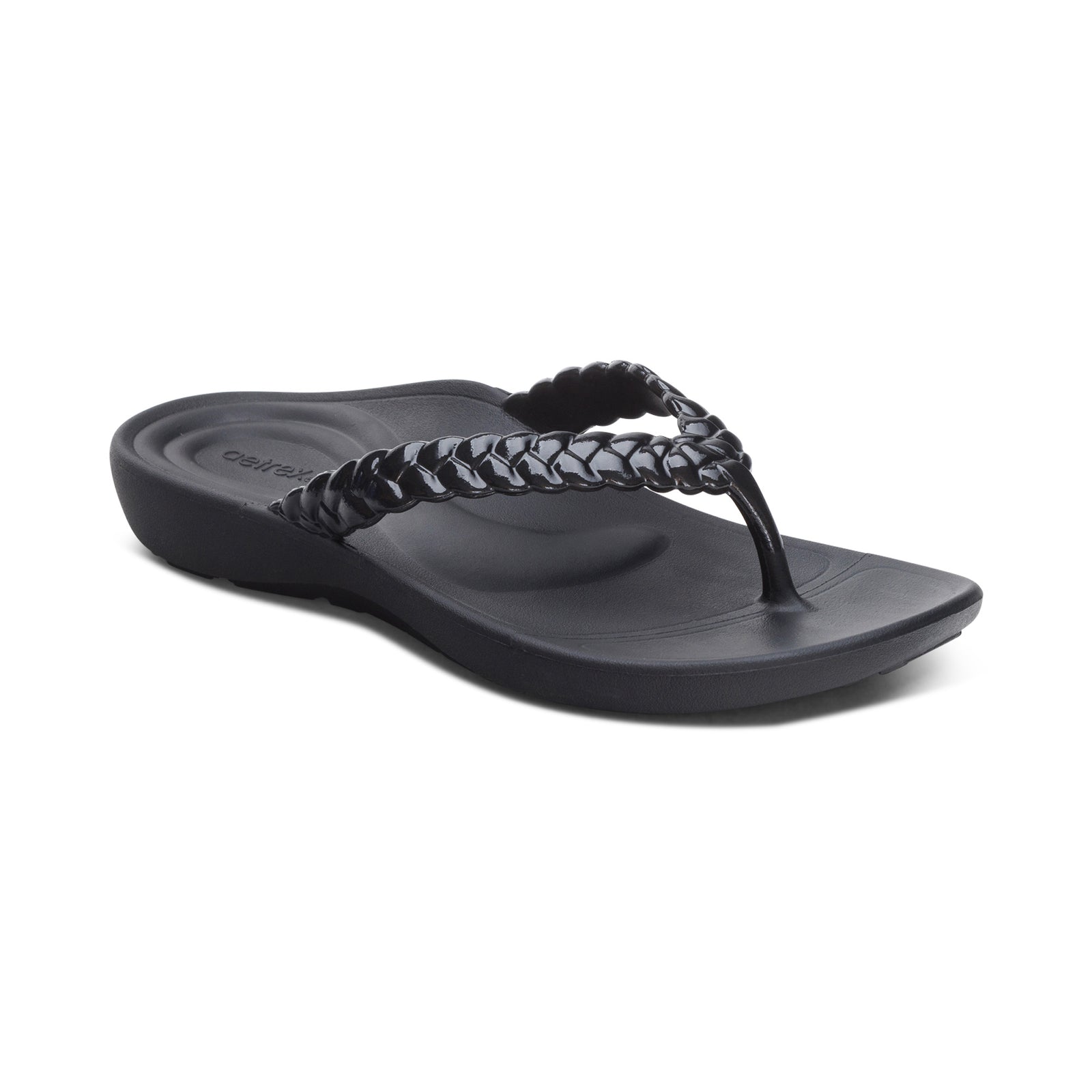 Aetrex Women's Vicki Braided Thong Rubber Sandal Black Gloss
