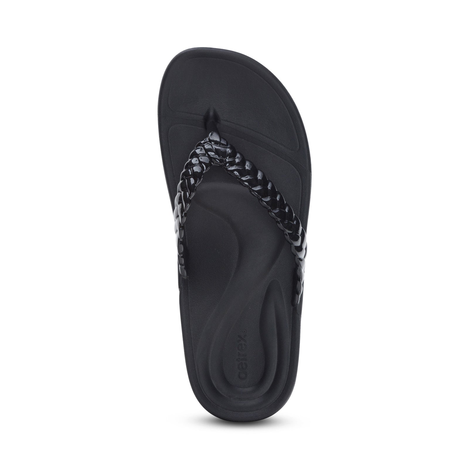Aetrex Women's Vicki Braided Thong Rubber Sandal Black Gloss