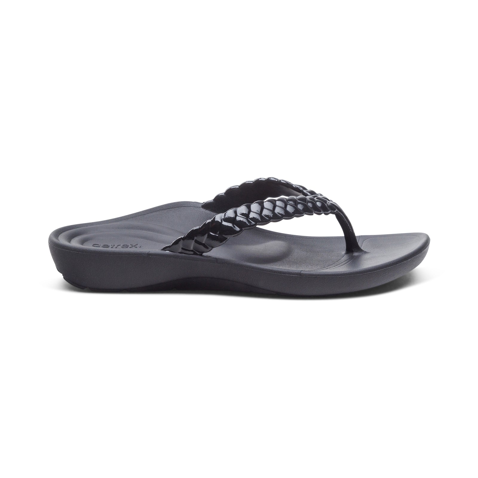 Aetrex Women's Vicki Braided Thong Rubber Sandal Black Gloss