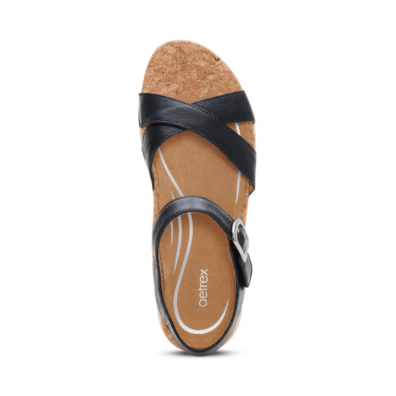 Aetrex Women's Flora Quarter Strap Wedge Sandals Black