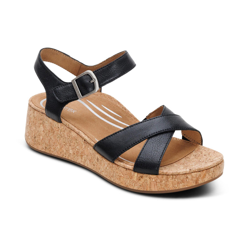 Aetrex Women's Flora Quarter Strap Wedge Sandals Black