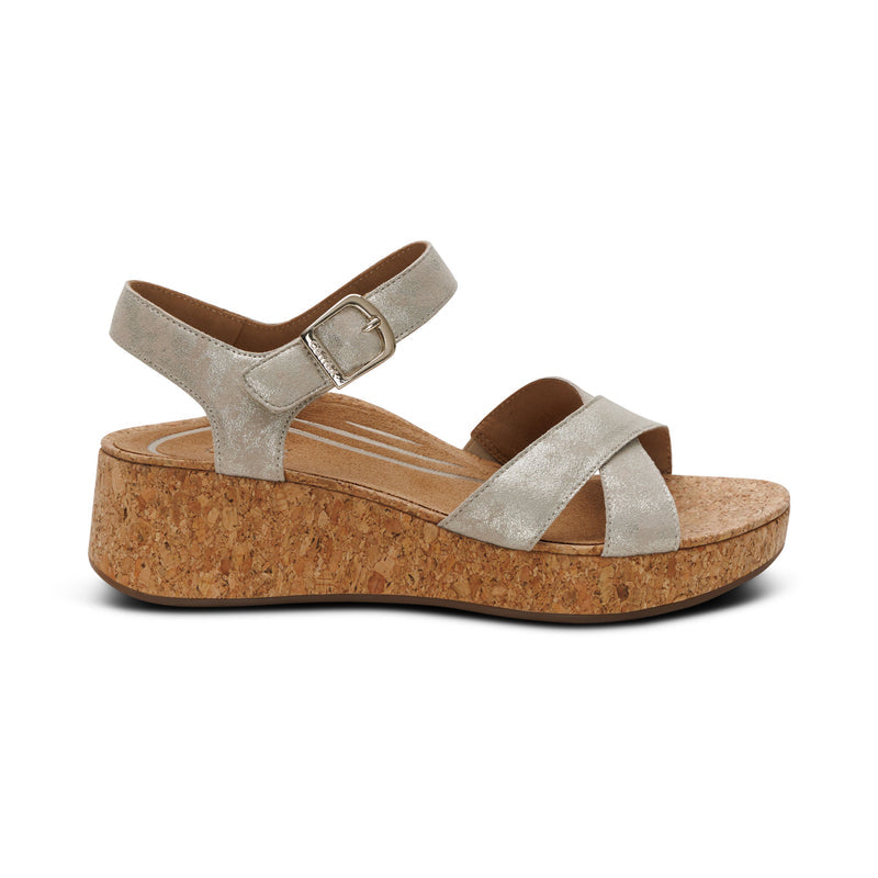 Aetrex Women's Flora Quarter Strap Wedge Sandals Champagne