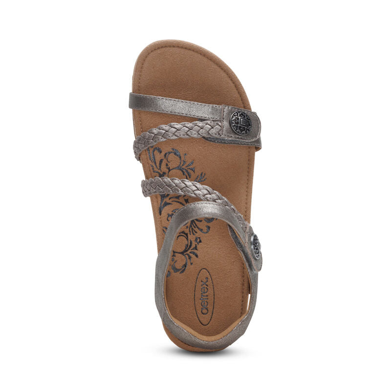 Aetrex Women's Jillian Braided Quarter Strap Sandals Brushed Silver