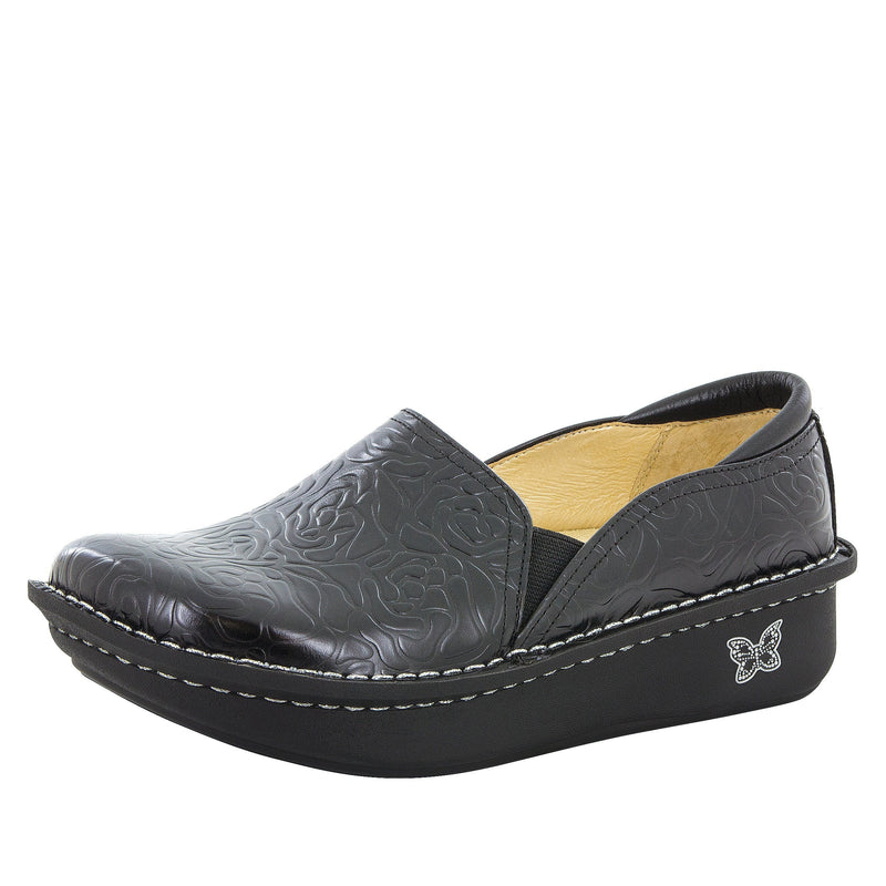Alegria Debra Clogs Black Embossed Rose